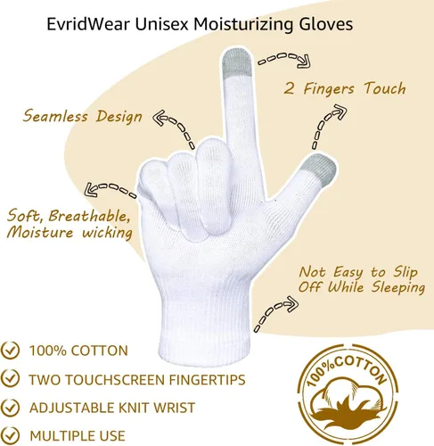 Miniatura 4 de Evridwear Guantes de algodón hidratantes unisex con puntas táctiles para eczema, cosmética, manos secas, terapia para piel sensible e irritada