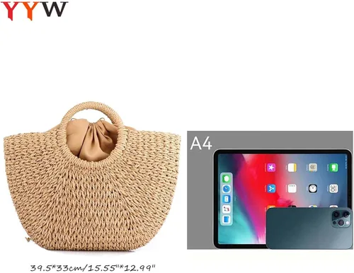 Miniatura 5 de YYW Bolsas de paja para mujer, bolsa grande de paja tejida a mano, asa redonda, anillo de mano, retro, verano, playa, bolsa de ratán