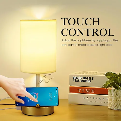 Miniatura 2 de Lámpara de mesa de control táctil Briever para dormitorio, lámpara de mesita de noche regulable de 3 vías con puertos de carga USB, lámpara
