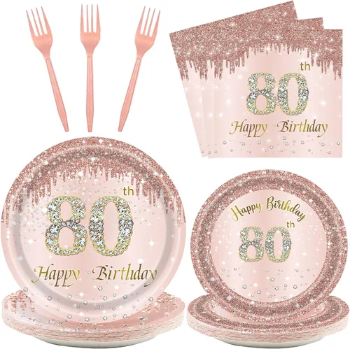 24 juegos de decoración de fiesta de cumpleaños de oro rosa para mujeres, platos y servilletas para el 80 cumpleaños, tenedores, suministros de