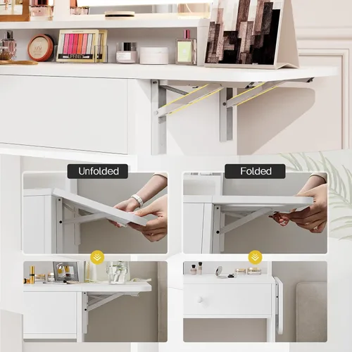 Miniatura 10 de Haewon Pequeño tocador con espejo y luces, tocador de maquillaje con estación de carga, juego de tocador compacto con silla de almacenamiento, cajón