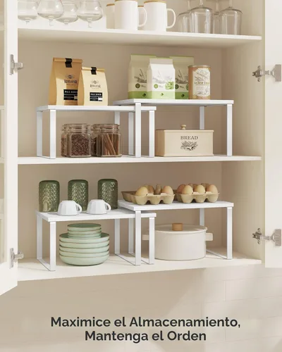 Miniatura 4 de SONGMICS Estante organizador de gabinete, juego de 4 estantes de encimera de cocina, almacenamiento de cocina, estante de especias, apilable, Blanco