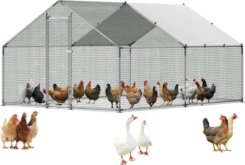 Miniatura 26 de VEVOR Gallinero de metal grande con paso, 13.1 x 9.8 x 6.5 pies para patio con cubierta impermeable, jaula grande para aves de corral