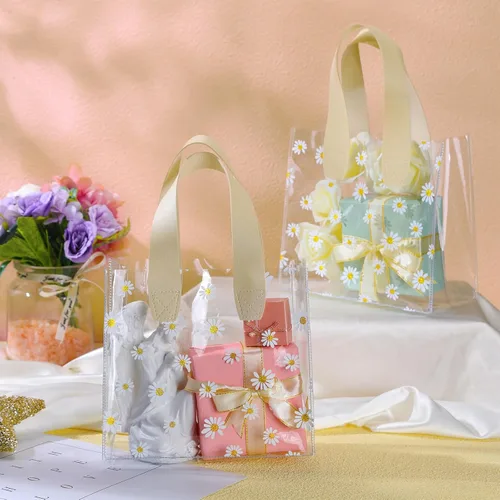 Miniatura 2 de Clysee 24 bolsas de regalo transparentes con asas, bolsa de plástico transparente con margaritas, reutilizable, bolsa de PVC transparente, embalaje