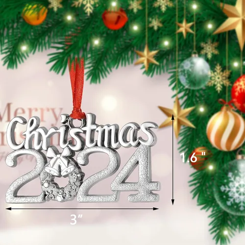 Miniatura 2 de Adorno de Navidad con fecha 2024, adorno anual plateado para árbol de Navidad con cinta para decoración de árbol de Navidad, colgante decorativo