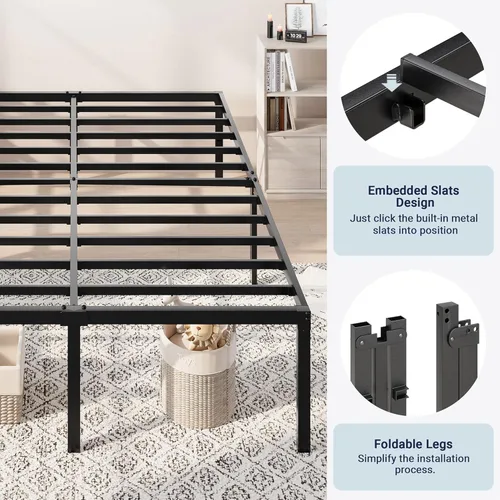 Miniatura 8 de Allewie Base de cama individual, camas de plataforma de metal de 18 pulgadas con espacio de almacenamiento, no necesita somier y fácil montaje, Negro