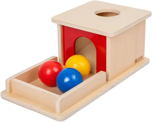 Adena Montessori Juguete de madera para bebés de 6 a 12 meses, 3 bolas, caja de permanencia de objetos con puerta roja, juguete educativo colorido