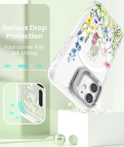 Miniatura 7 de Dretal Funda para iPhone 12 Mini / 13 Mini floral, con protector de pantalla, soporte para cámara, protección de grado militar, translúcida mate