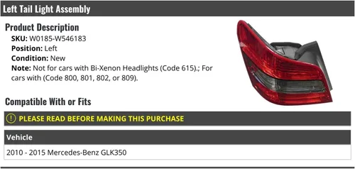 Marketplace Auto Parts, Conjunto de luz trasera izquierda del lado del conductor, compatible con Mercedes-Benz GLK350 2010-2015