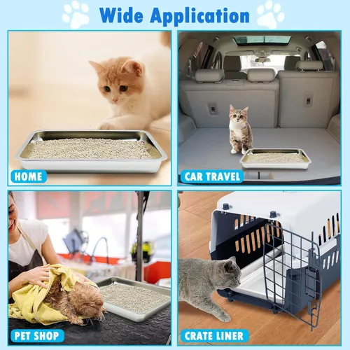 Miniatura 6 de BNOSDM 4 bandejas de arena de acero inoxidable para gatos de entrada baja, bandeja de arena de metal poco profunda, caja antiadherente para gatos