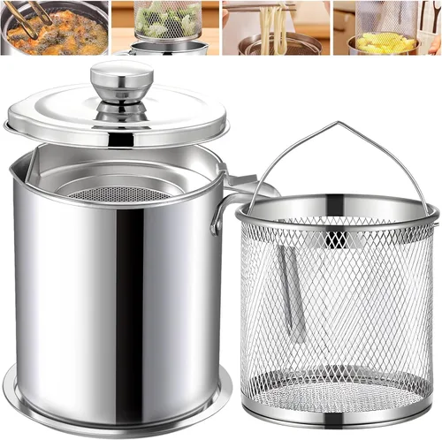 Miniatura 10 de Chihee Contenedor de grasa de acero inoxidable para tocino con filtro de malla fina, 2 litros/67.6 onzas líquidas, lata de aceite de cocina con tapa
