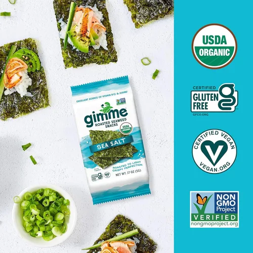 Miniatura 5 de Gimme Algas Marinas Orgánicas Premium Tostadas, Sal Marina, 20 Unidades, Keto, Vegano, Sin Gluten, Gran Fuente de Omega3 y Yodo, Aperitivo Saludable
