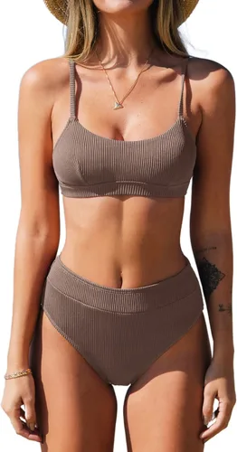 CUPSHE Conjunto de bikini de dos piezas para mujer, traje de baño de cintura alta con cuello redondo