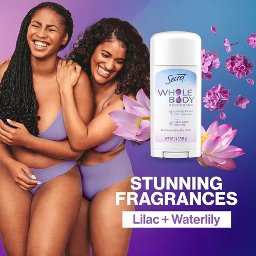Miniatura 6 de Secret Desodorante en barra de cuerpo entero para mujer, aroma a lila y lirio, desodorante sin aluminio, protección contra olores 72 HR, 2.4 onzas