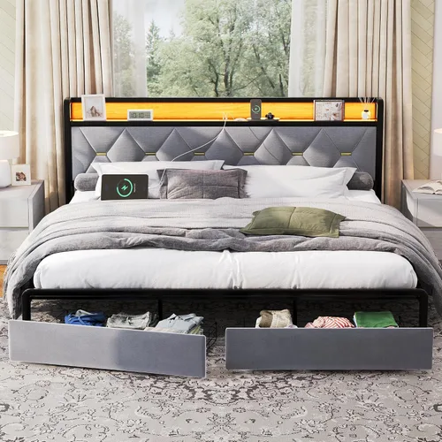 Miniatura 15 de Ailisite Marco de cama plataforma tamaño Queen con cabecero y cajones de almacenamiento, marco de cama plataforma tapizado gris con puerto de carga