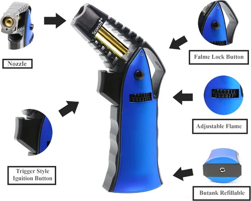 Miniatura 5 de Antorcha Scorch Torch CNC maquinada de 17,14 cm de alto, antorcha de llama de aluminio portátil ajustable recargable con butano en caja de regalo