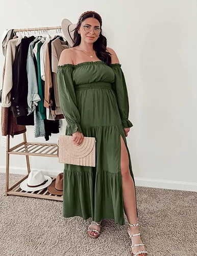 Miniatura 76 de ZESICA - Vestido largo, bohemio y sexy, con hombros descubiertos y manga larga fruncida, con elástico fruncido, cintura alta y abertura lateral