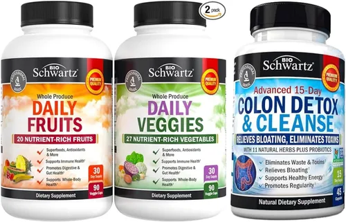 Suplemento diario de frutas y verduras para mujeres y hombres (suministro de 1 mes) más limpieza de 15 días para la salud del colon y el intestino
