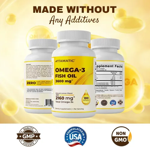 Miniatura 5 de Vitamatic Aceite de pescado Omega 3 de triple fuerza, 3600 mg por porción, 2160 mg de ácidos grasos Omega 3, 1296 mg de EPA + 864 mg de DHA, sabor a