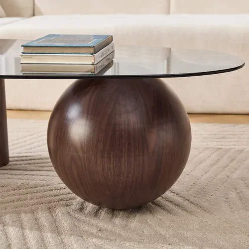 Miniatura 3 de Mesa auxiliar moderna de cristal ovalada de 55 pulgadas, patas de madera de nogal y mesa de vidrio curvado, mesa central de sofá de granja