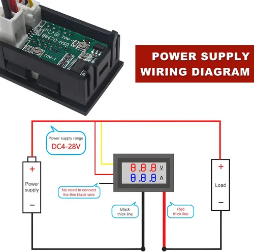Miniatura 3 de Sun Walker 2 amperímetros de voltímetro digital de 0.28 pulgadas, CC 0-100 V 10 A, medidor de voltaje con cables de conexión, 2 en 1, rojo y azul