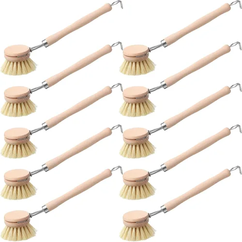 Miniatura 8 de Maxdot 4 cepillos de cocina con mango de madera de haya, mango de madera natural, cepillo de cerdas de fibra, cepillo de repuesto de 2 pulgadas