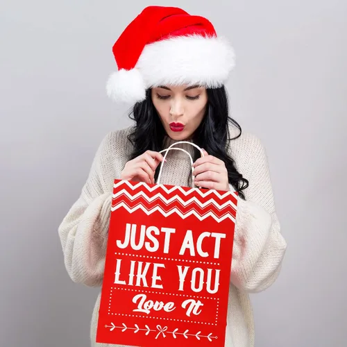 Miniatura 6 de Zonon 8 bolsas de regalo divertidas de Navidad con asas, bolsas de favor de fiesta de Navidad rojas y verdes con frases humorísticas, suministros