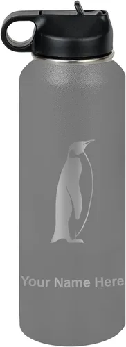 Miniatura 35 de LaserGram Botella de agua personalizada, pingüino, acero inoxidable de doble pared aislada al vacío con popote superior, regalo grabado