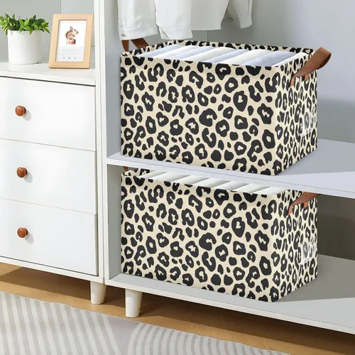 Miniatura 7 de Leopard Pattern Cream Black Storage Baskets Storage Cubes Organizer with Handles Books Towels and Clothes for Shelves Closet Books cajas
