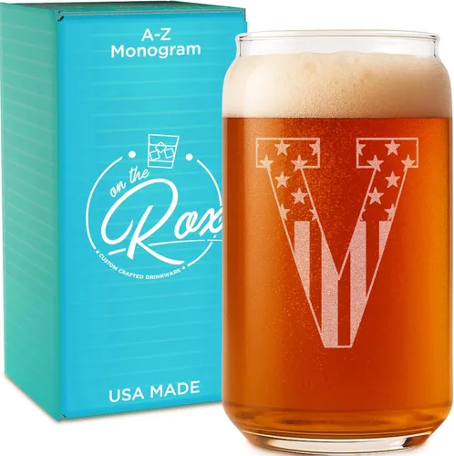 Miniatura 22 de Vaso en forma de lata de cerveza con monograma grabado - bandera de EE.UU.