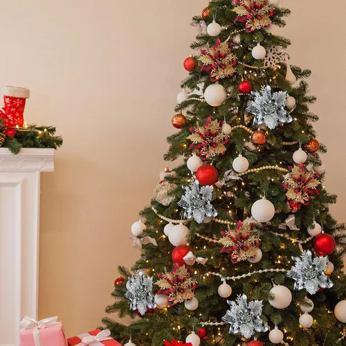 Miniatura 2 de 24 flores de Pascua de Navidad de 4.7 pulgadas con purpurina roja búfalo a cuadros de flores de nochebuena para adornos de árbol de Navidad