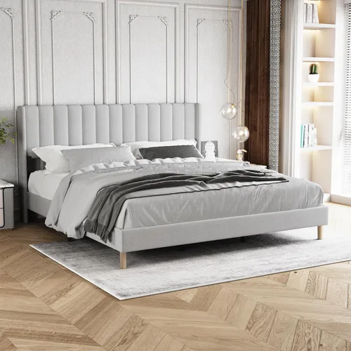 Miniatura 9 de Marco de Cama Tapizada de Plataforma Tamaño Full con Cabecero, Soporte de Listones de Madera Resistentes, No Necesita Somier, Montaje Fácil, Beige