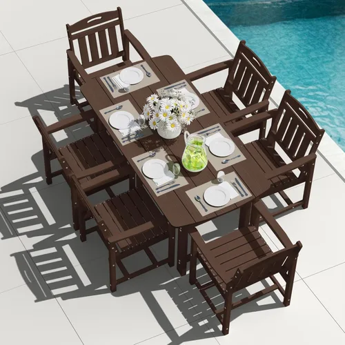 Miniatura 31 de Juego de comedor de patio al aire libre de HDPE con mesa y 6 sillas, juego de mesa y sillas de 7 piezas para todo clima, agujero para sombrilla de 2