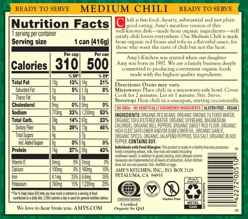 Miniatura 2 de Amy's, Chili, Sin gluten, Vegetariano, Orgánico, Picante Medio, Pimiento jalapeño, 14.7 oz, Paquete de 6