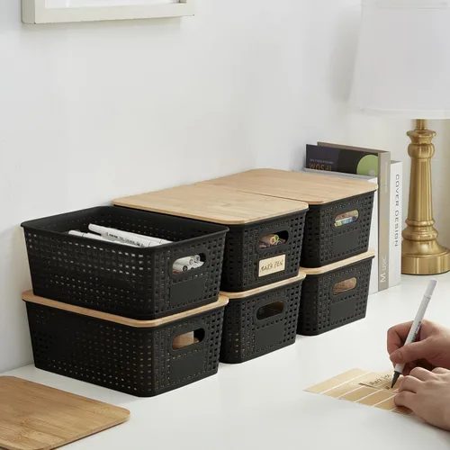 Miniatura 7 de Bagnizer Contenedores pequeños de plástico con tapas de bambú de 5.2 cuartos de galón, cesta apilable para despensa, contenedores decorativos lindos