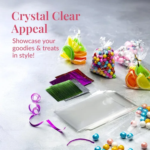 Miniatura 2 de Prestee, 200 bolsas de celofán transparente de plástico - 4x6 con lazos de 10 cm, bolsas para caramelos y galletas, bolsas de regalo con lazos