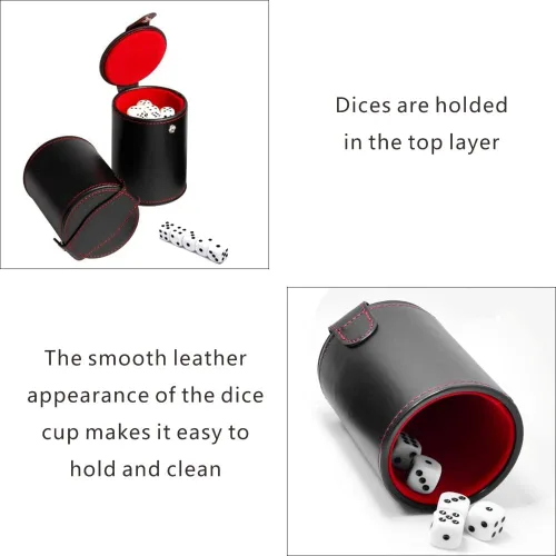 Miniatura 5 de Taza de dados de piel sintética, herramienta de almacenamiento de dados con forro de fieltro de moda, agitador de dados silencioso para disfrutar