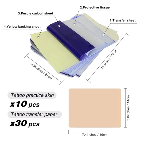 Miniatura 2 de Kit de 40 piezas de papel de piel de tatuaje, pieles falsas de 0.051 pulgadas y papel de transferencia para practicar, incluye 10 piezas de pieles