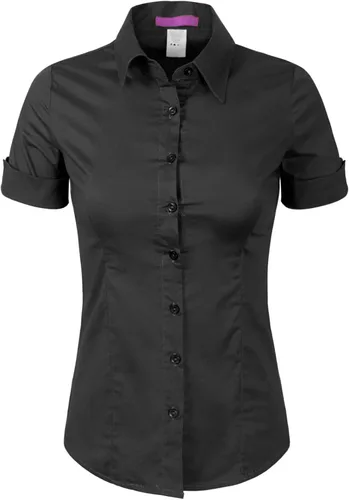 Design by Olivia Blusa de manga corta elástica con botones para mujer, blusa de trabajo formal para oficina