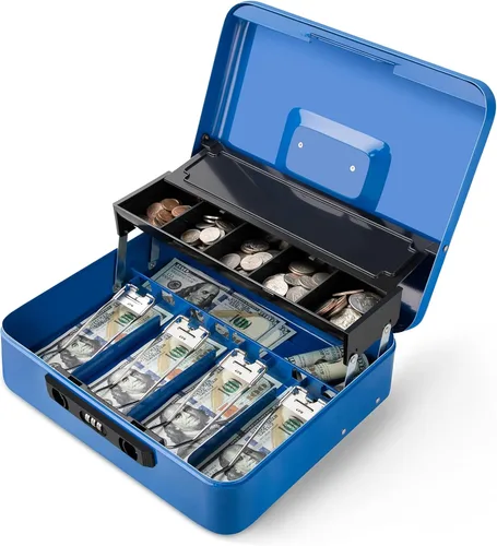 Miniatura 22 de Jssmst - Caja de efectivo de metal grande con bandeja de dinero,Caja de bloqueo