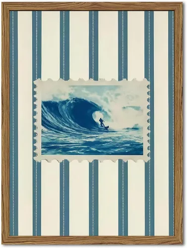 Arte de pared vintage a rayas de surf, decoración de pared costera de moda, pintura azul y blanca, póster de surf de playa en lienzo para