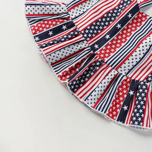 Miniatura 5 de Noubeau Traje de niña del 4 de julio con diseño de bandera americana, top halter para niñas, jeans rasgados, pantalones cortos de mezclilla, ropa