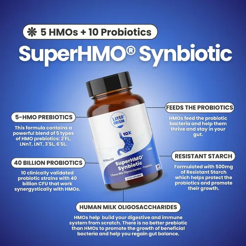 Miniatura 4 de SuperHMO: Cápsulas Sinbióticas con 5 Prebióticos HMO y 40 mil millones de probióticos CFU - Bifidobacterias y Lactobacillus, 60