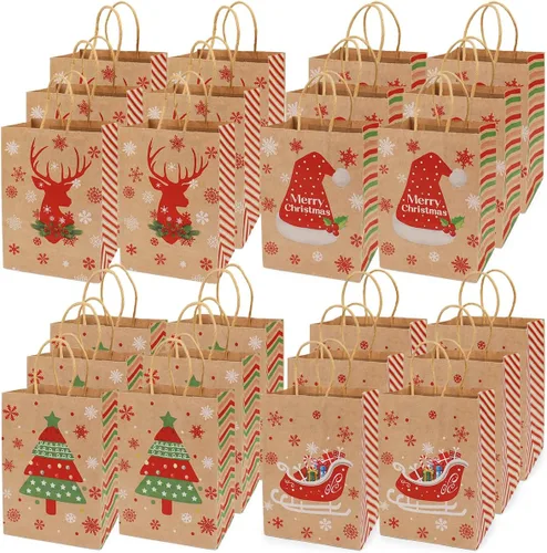 ORNACELE 24 piezas de bolsas de regalo de Navidad surtidas - Pequeñas bolsas de papel kraft con asas e impresiones navideñas para envolver regalos y