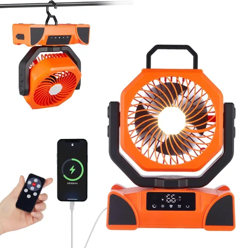 Ventilador recargable, ventilador de camping operado por batería con gancho y luz LED brillante, control remoto, temporizador, oscilación