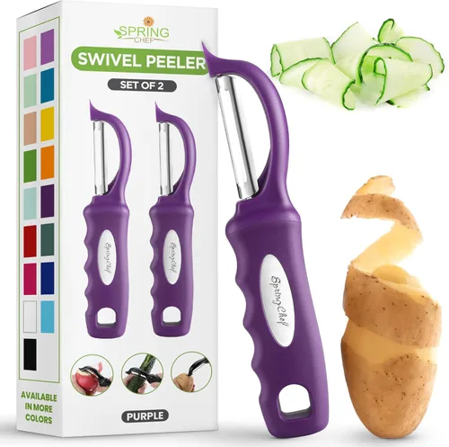 Miniatura 20 de Spring Chef Pelador de verduras giratorio profesional rojo para cocina, peladores de papas de acero inoxidable con mango de agarre suave, perfecto