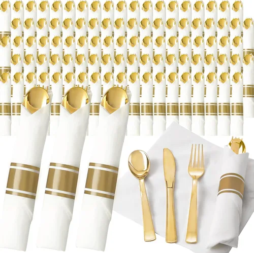 Juego de cubiertos de plástico dorado pre-enrollados para 200 invitados - Cubiertos dorados de servicio pesado - Incluye paquete de 200 utensilios