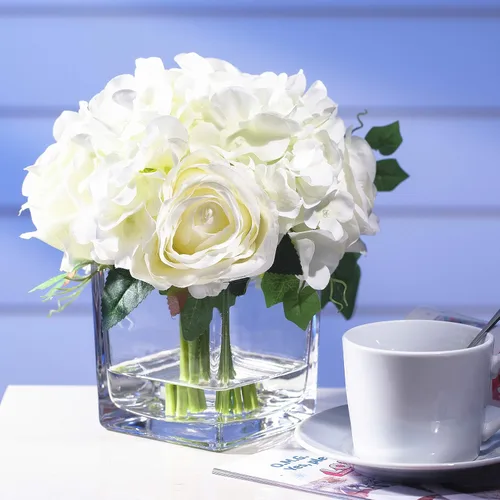 Miniatura 2 de Arreglos de flores artificiales de seda de rosas y hortensias en jarrón de cristal para boda en casa (crema)