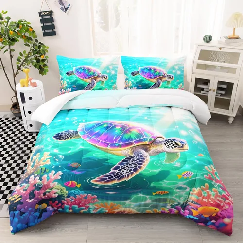Miniatura 16 de AILONEN Lindo juego de edredón de ajolote tamaño Queen, 3 piezas para niños y niñas, ropa de cama en una bolsa, ropa de cama costera azul turquesa