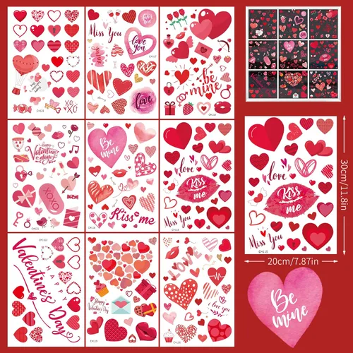 Miniatura 6 de 9 hojas de calcomanías para ventana del día de San Valentín, calcomanías de doble cara para ventana, diseño de labios rojos con corazón rosa